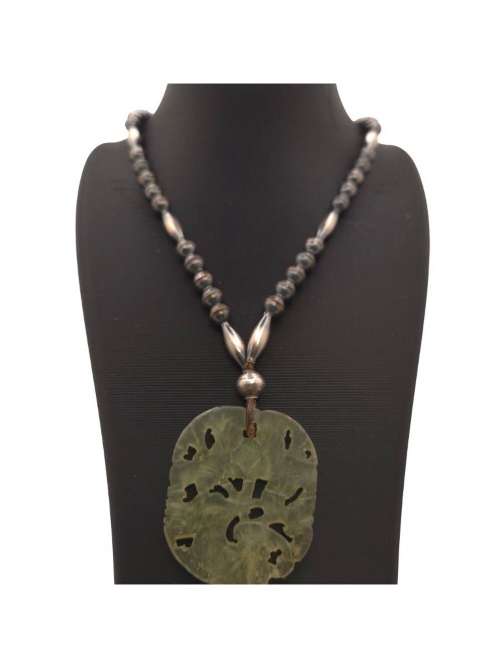 Vintage Jade Pendant Necklace Carved Green Pendant Sterling Beads 20" Chinese